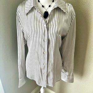 Kasper Black and White Striped Button Down Shirt